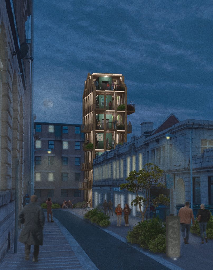 Twilight urban scene showcasing modern architecture harmonising with traditional buildings and lively pedestrians.