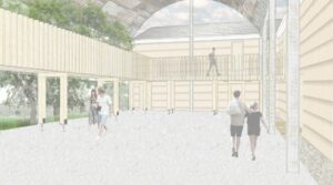 Modern, semi-enclosed structure with translucent roof, wooden walkways, and natural surroundings.
