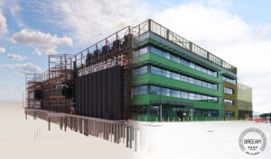 Modern green building under construction with BREEAM Excellent rating, showcasing eco-friendly architecture.
