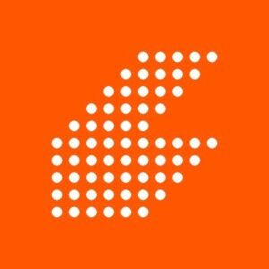 Abstract white dot logo on vibrant orange background, resembling C or arrowhead shape.