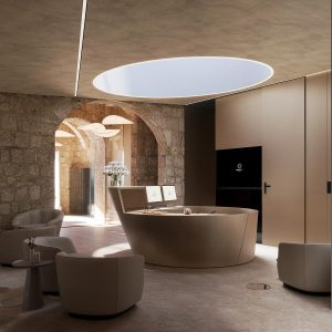 Modern minimalist reception area with natural materials and contemporary design elements.