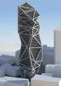 Futuristic twisting skyscraper with lattice framework in modern cityscape.