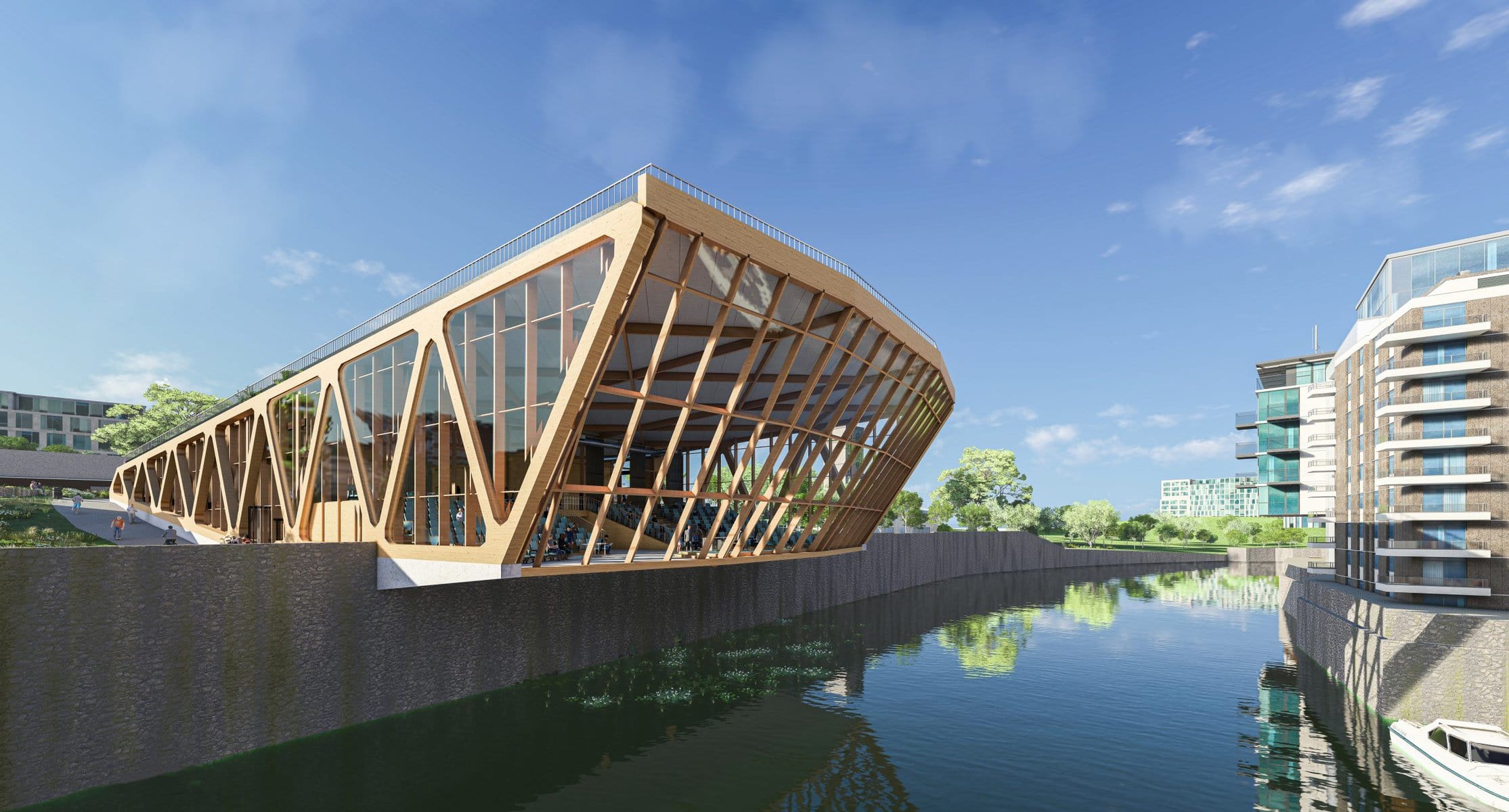 Stunning modern wooden building by calm waterfront, showcasing innovative architecture and urban tranquility.