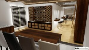Modern wine tasting room with elegant wooden table, wine racks, and cozy seating areas.