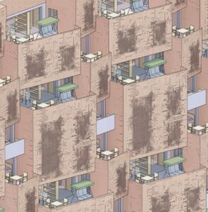Modern brick building with repetitive balconies, pixelated screens, and rustic-industrial design elements.