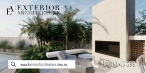 Modern outdoor living space with fireplace and seating by Exterior Architecture in Sutherland Shire.