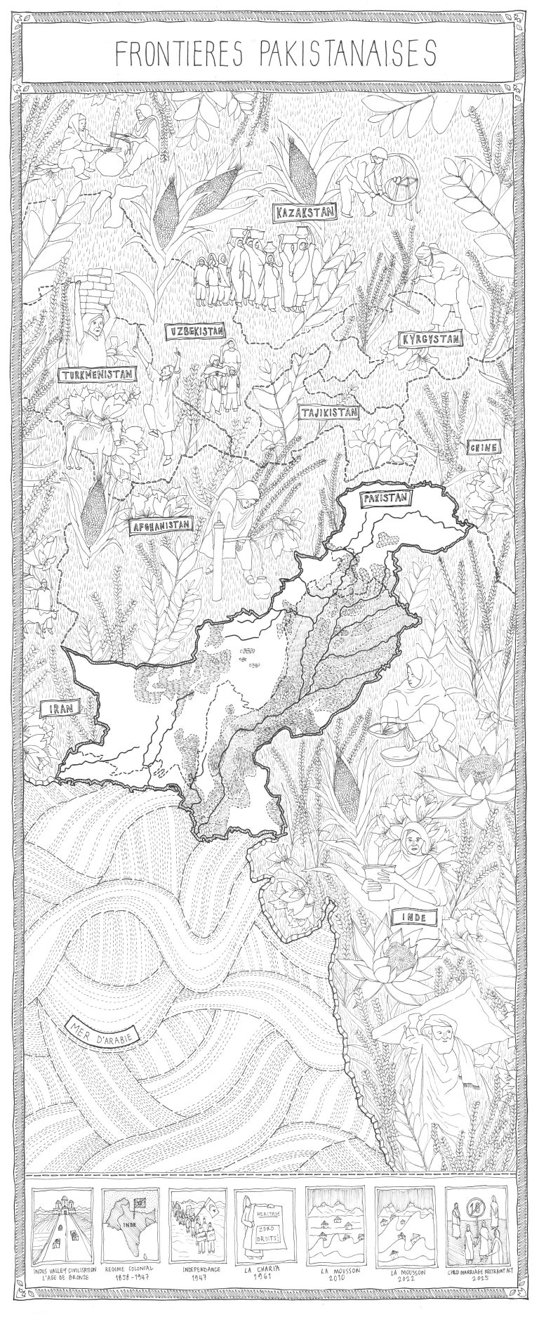 Black-and-white line art Pakistan map with Indus River, wildlife, French-labelled borders.