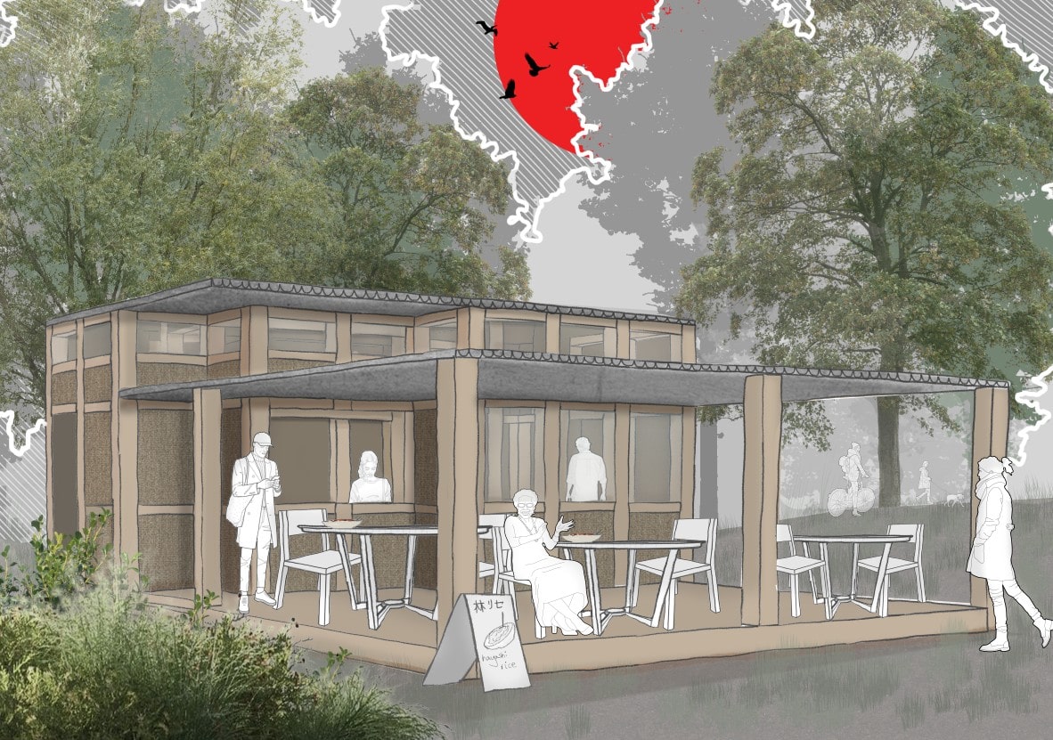 Timber and glass park pavilion café architectural rendering with outdoor seating under pergola.