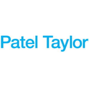 Professional Patel Taylor logo in bright blue sans-serif font on white background.