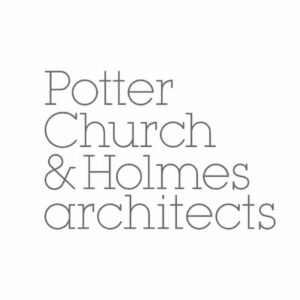 Minimalist logo of Potter Church And Holmes Architects with grey text on white background.