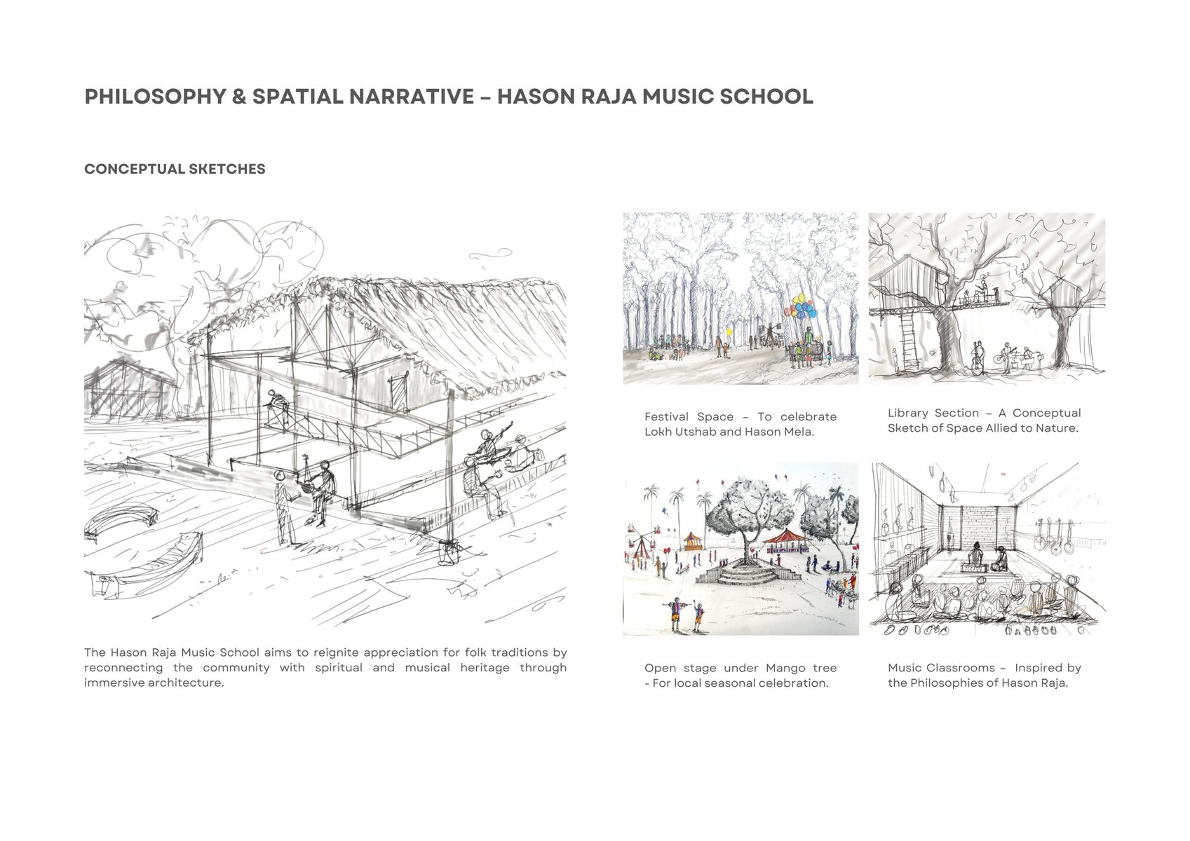 Innovative design concepts for Hason Raja Music School integrating nature and community interaction.