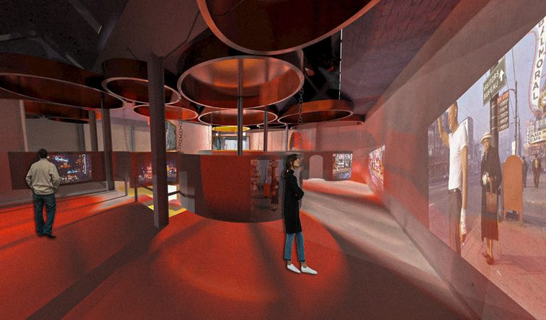 Immersive red gallery with archival street projections, curved partitions, and reflective circular ceiling discs.