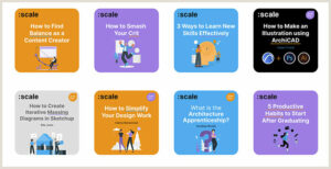 Educational topic tiles by :scale featuring illustrations and brief descriptions.