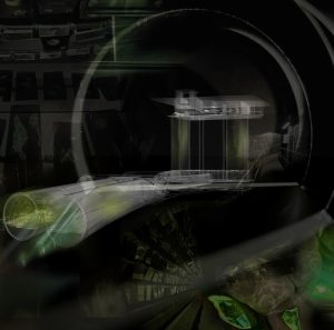 Futuristic sci‑fi reactor lens with neon green glow and ghostly tunnel interior