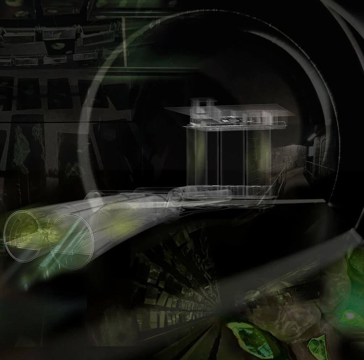 Futuristic sci‑fi reactor lens with neon green glow and ghostly tunnel interior