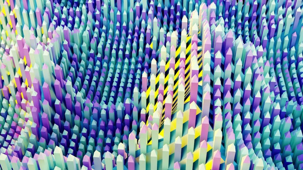 Abstract image of colourful, undulating spikes resembling crystals or pixel towers in vibrant gradients.