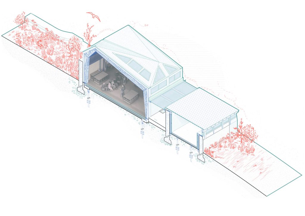 Small building design harmoniously integrated into a sloped landscape with outdoor living space.