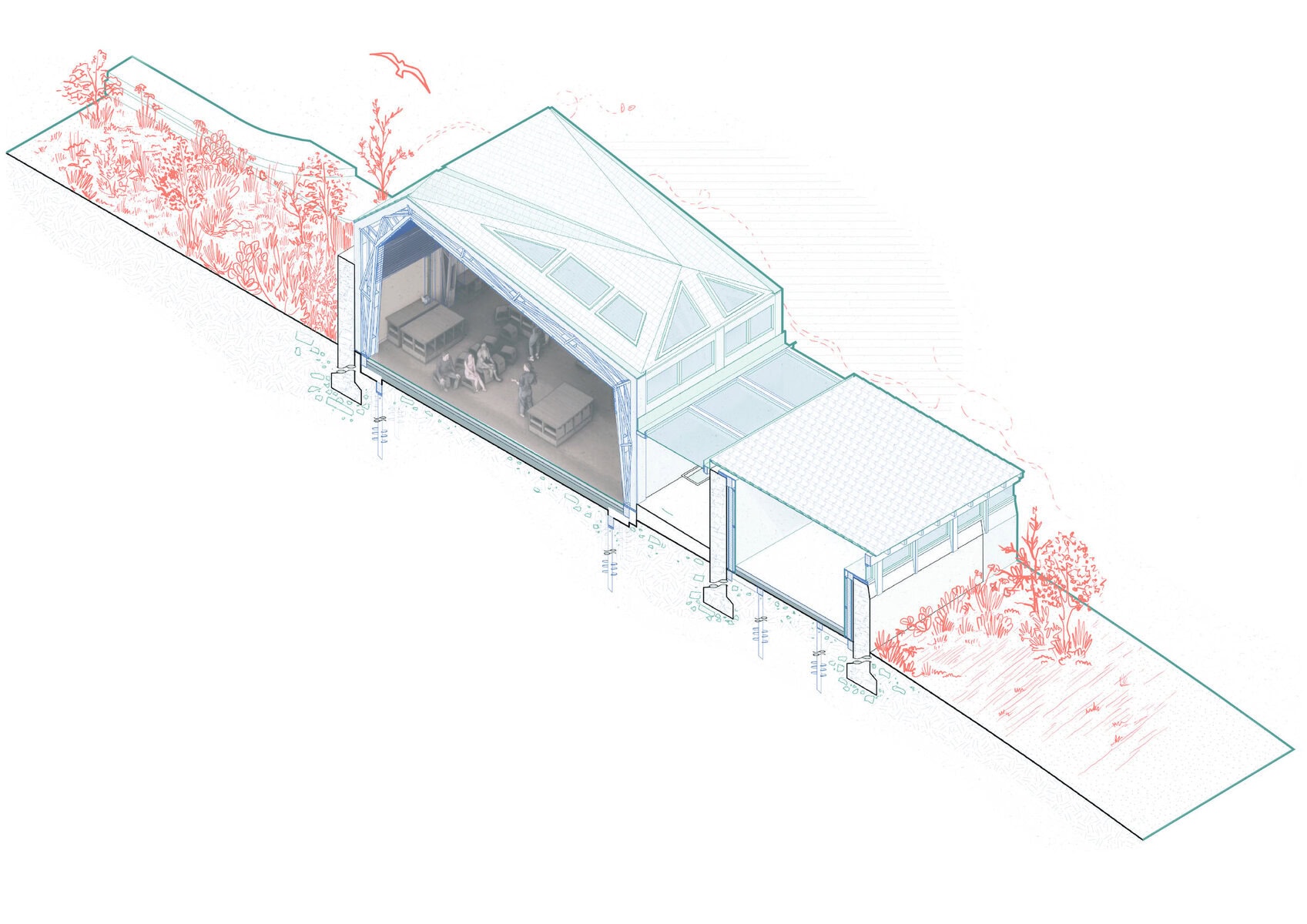 Small building design harmoniously integrated into a sloped landscape with outdoor living space.