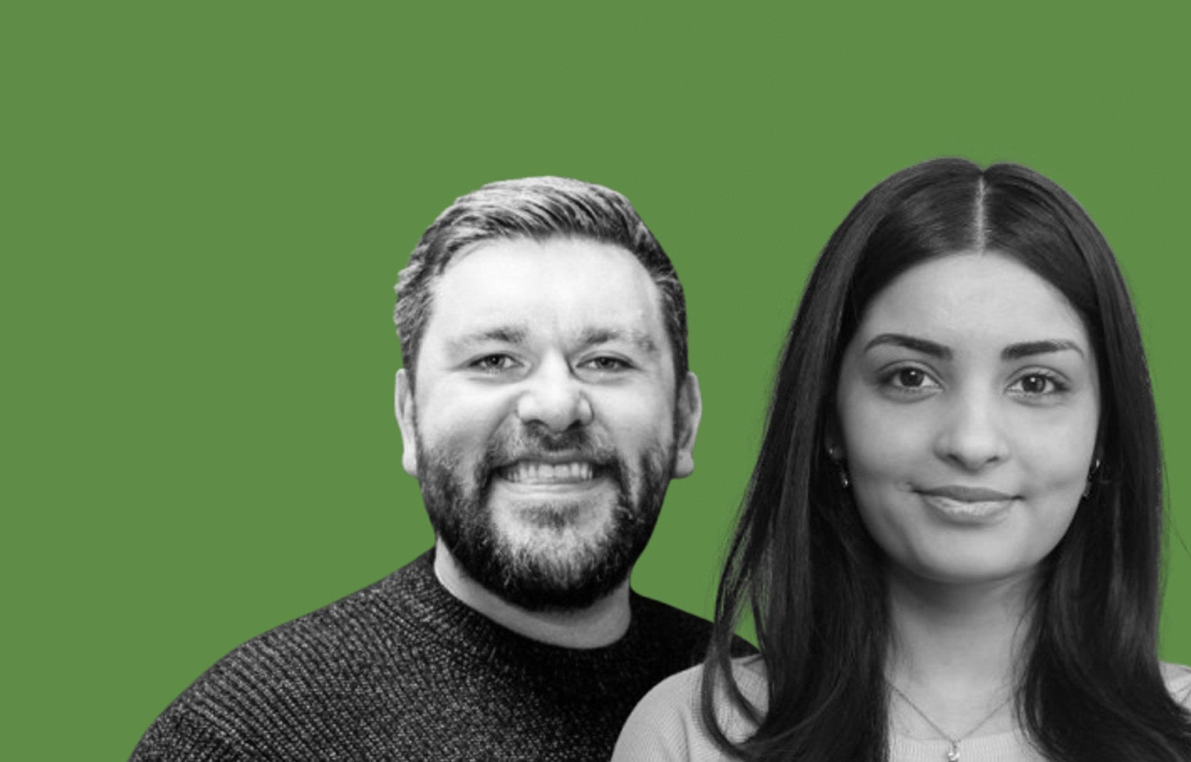 Grayscale man and woman smiling together on a vibrant green background.
