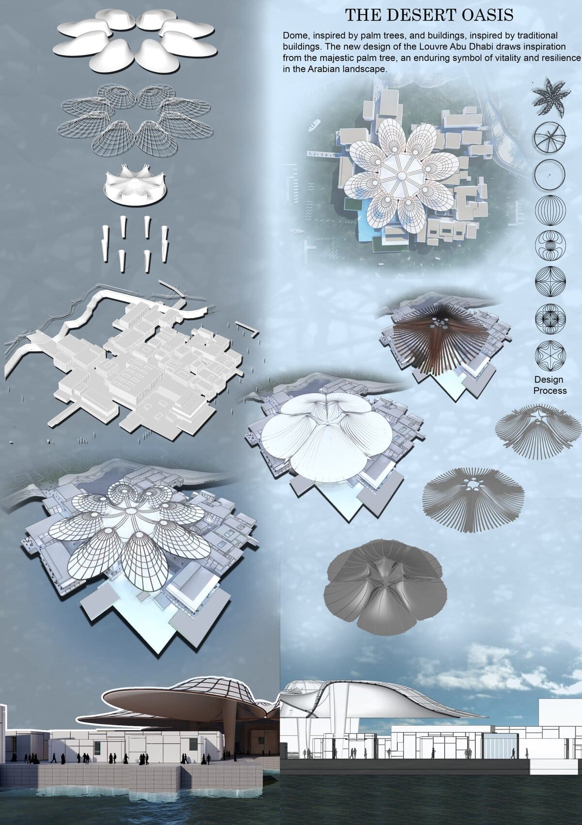 Sustainable architectural design inspired by nature, featuring petal-like structures in a desert oasis.