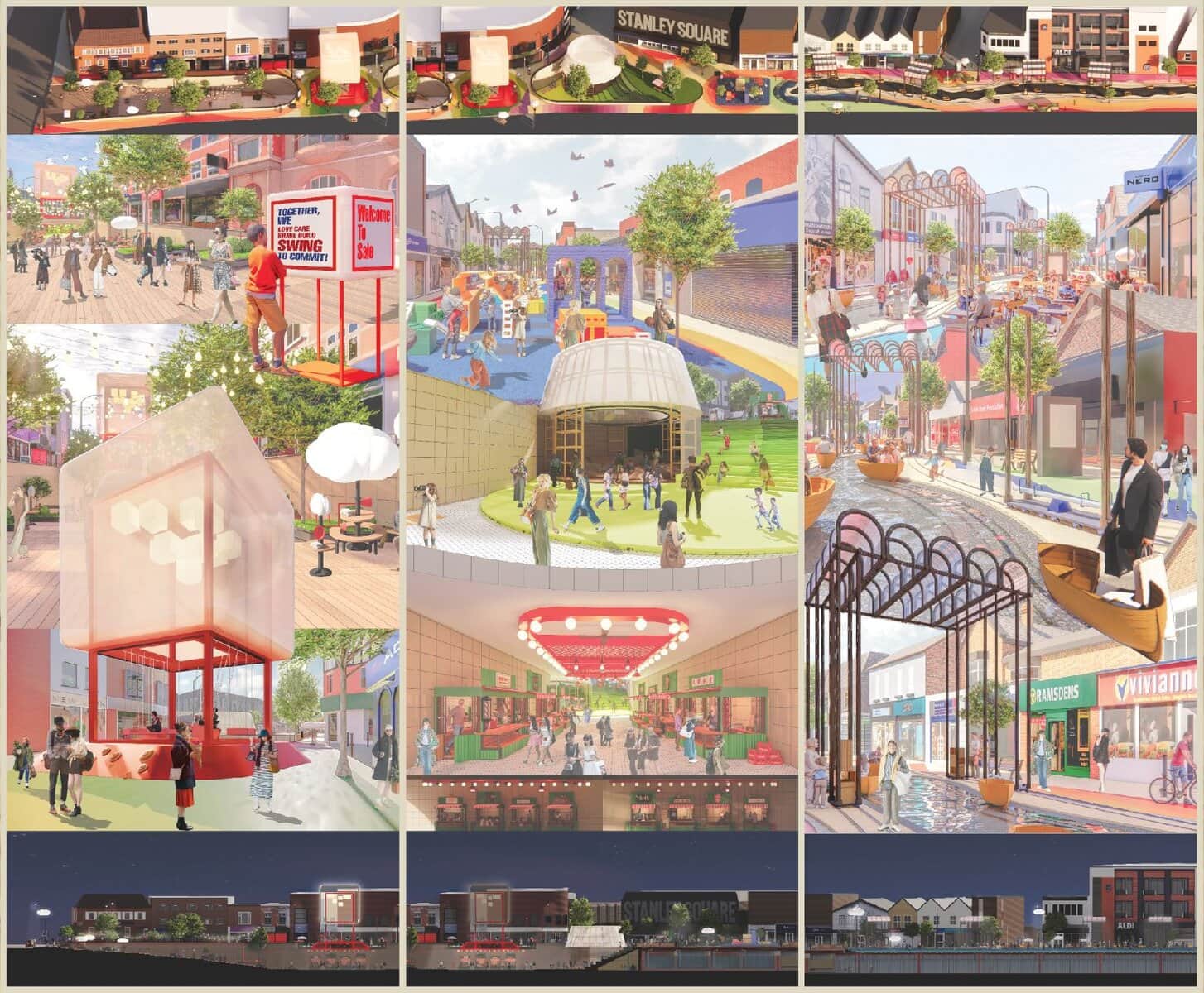 Dynamic urban community hub blending architecture, greenery, and vibrant social spaces.