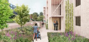 Modern residential area with greenery, community interaction, and a woman pushing a stroller.