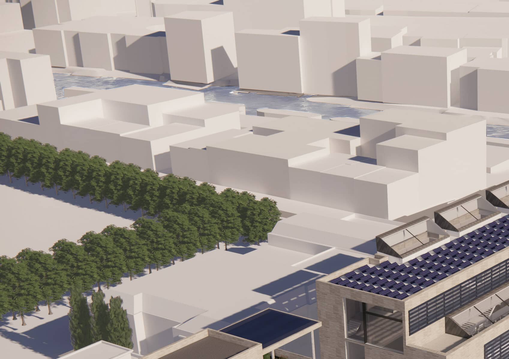 Conceptual urban model featuring minimalist buildings and planned green spaces.