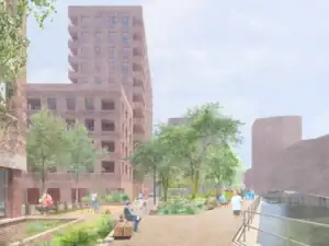 Urban riverside scene with modern buildings, greenery, and people enjoying the tranquil pathway.