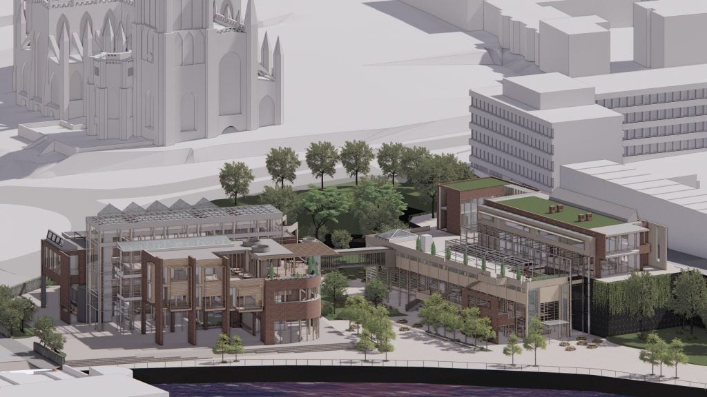 Urban development by water: integrating modern design with green spaces and historical architecture.