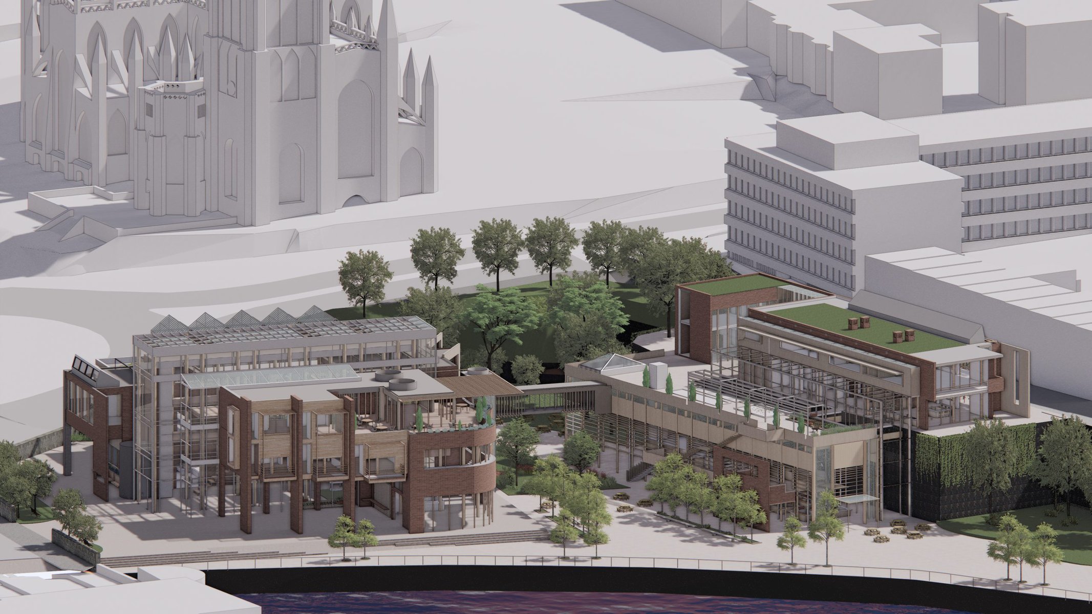 Urban development by water: integrating modern design with green spaces and historical architecture.