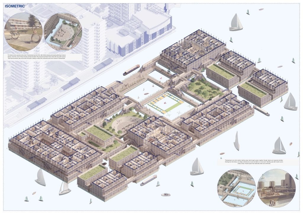 Axonometric waterfront urban masterplan with nine courtyard blocks and landscaped public spaces and rooftop amenities.