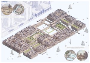 Axonometric waterfront urban masterplan with nine courtyard blocks and landscaped public spaces and rooftop amenities.